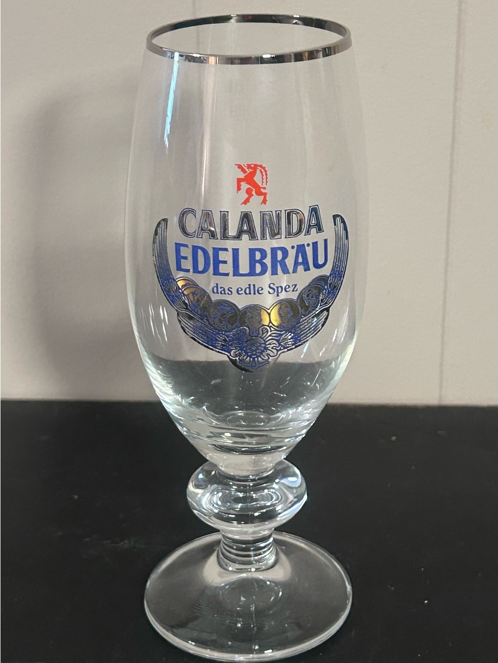 Calanda Edelbräu Branded Beer Glass - Blue & Gold Accents